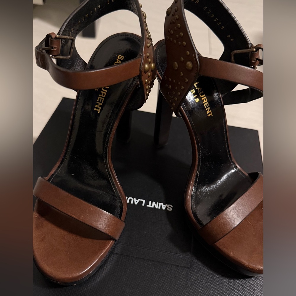 Saint Laurent Brown Leather Studded Platform Heel Sandal - Picture 10 of 11